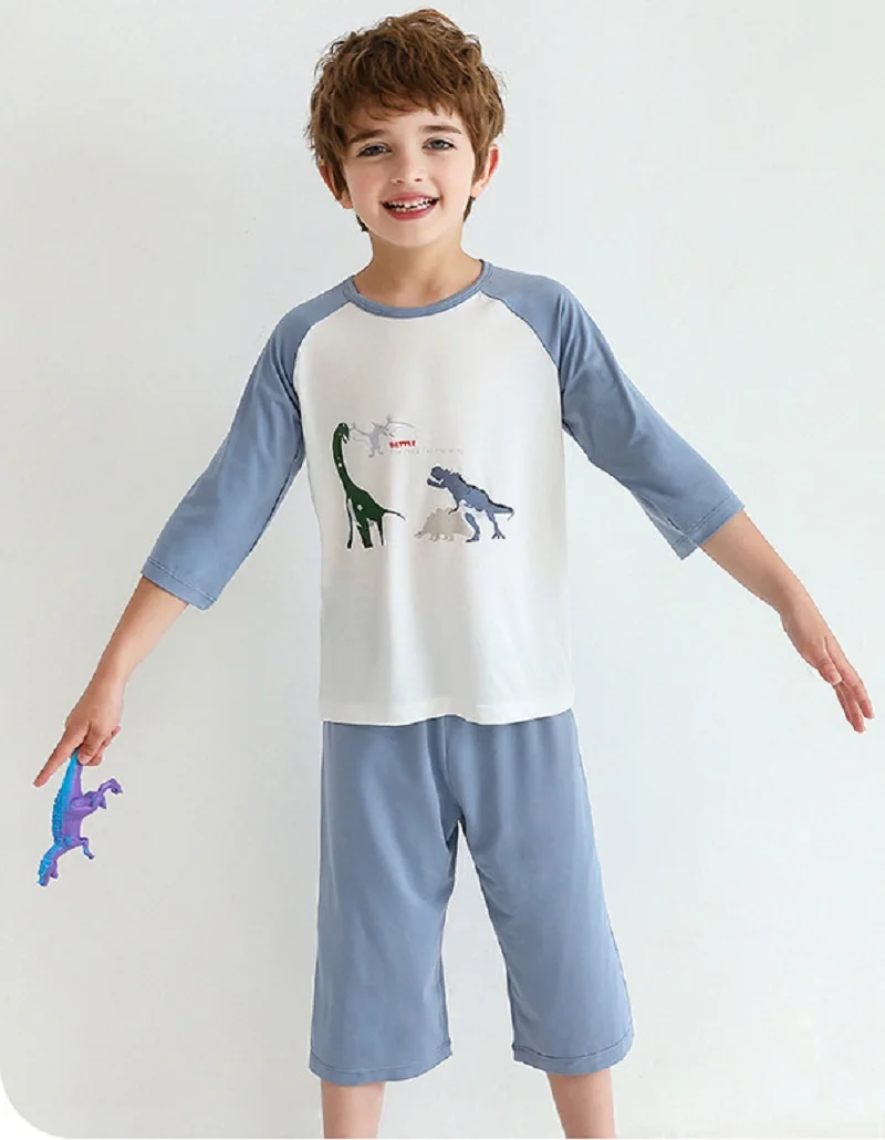 

3-14 Years Summer Girls Boys Kids 95% Viscose Cartoon Dinosaur Unicorn Pink Blue Thin Pajamas Sleepwear Children's Clothing Sets