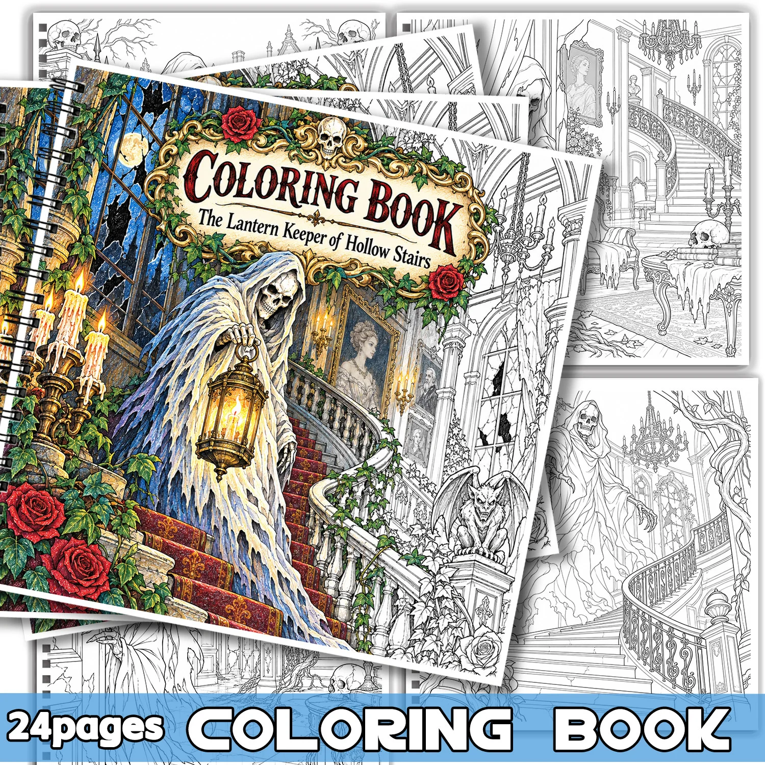 Spiral Binding Coloring Book Christmas Gift For Adults Teens Relieving Stress  Gothic Skeleton Lantern Keeper Design 24 Pages