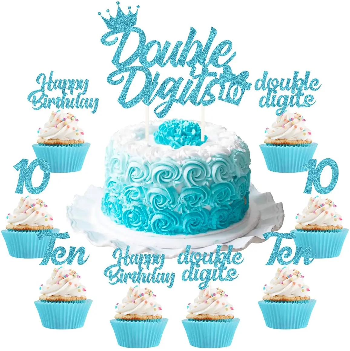 

25Pcs Teal Blue 10th Birthday Cake Decorations Double Digits Cake & Cupcake Topper for Girls Tenth Birthday Party Decorations