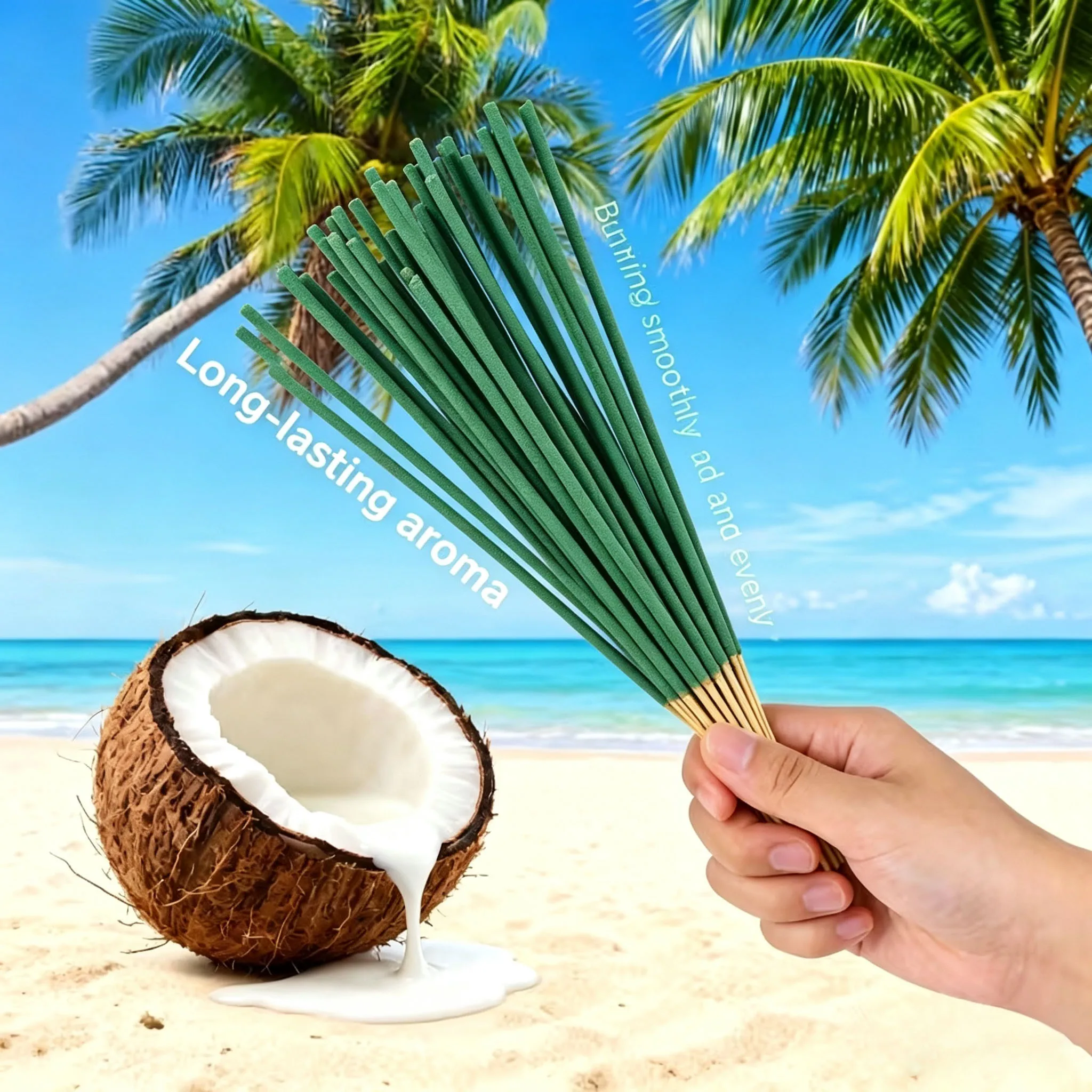 200 Coconut Milk-Scented Sticks, with Natural Bamboo Burners and Coconut Shells - Burns for 40 Minutes, Suitable for Home, Office, Spa, Holiday Decorations, Herbal Fragrance - Tropical Coconut Scent, Ideal Gift for Christmas, Easter, Thanksgiving, Halloween