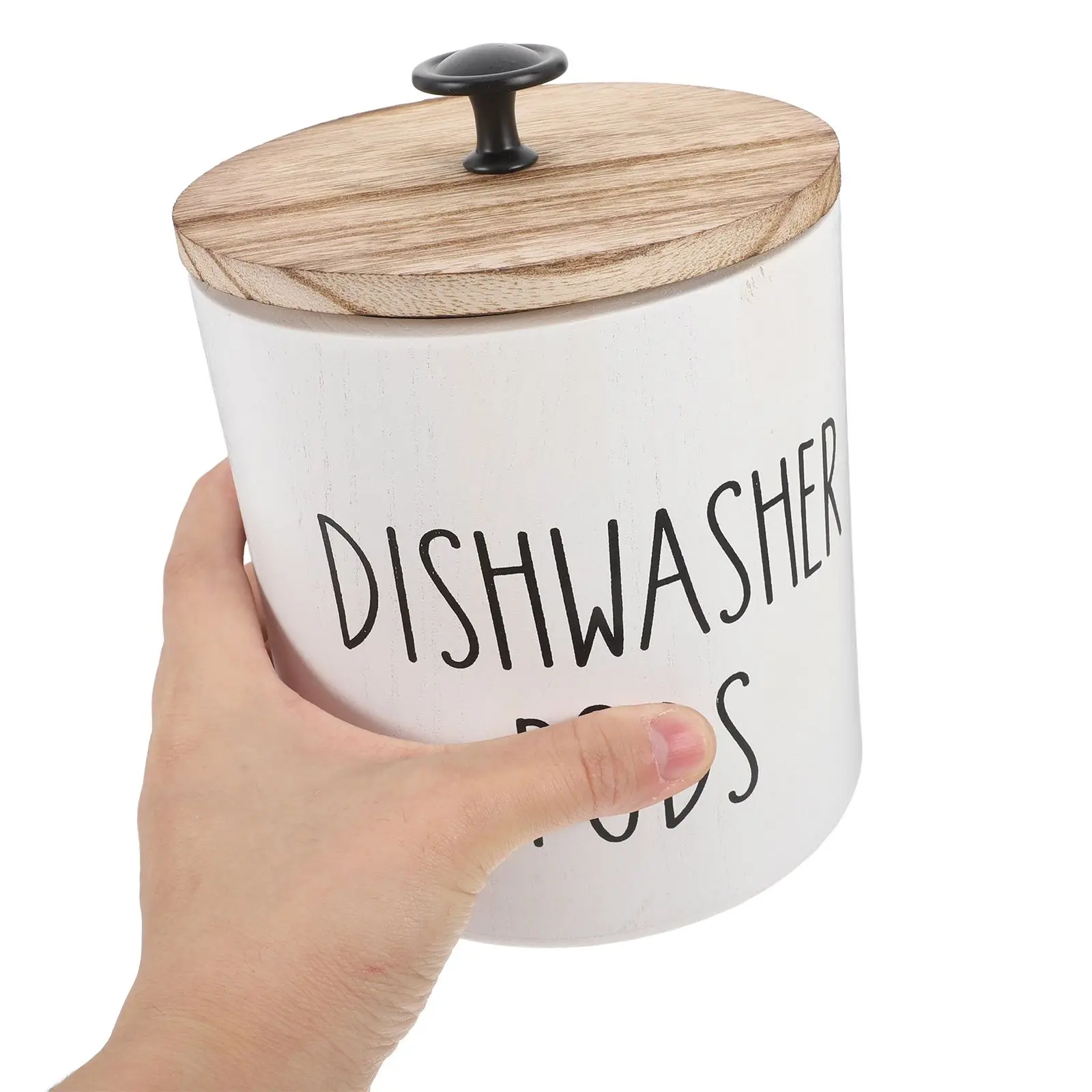 Dishwasher Holder Laundry Tablet Storage Tin Wooden Box Kitchen Organizer Material Secure Lid Round Shape