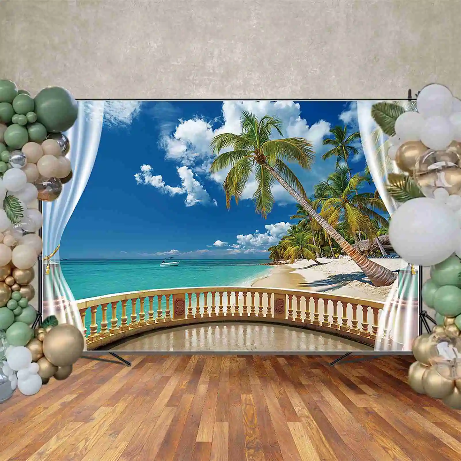 Moon.qg ต้นปาล์มเขตร้อนใบผู้ใหญ่พื้นหลังวันเกิดของผู้ชายเรือคลื่นฉากหลังของภาพสำหรับปาร์ตี้ที่กำหนดเอง