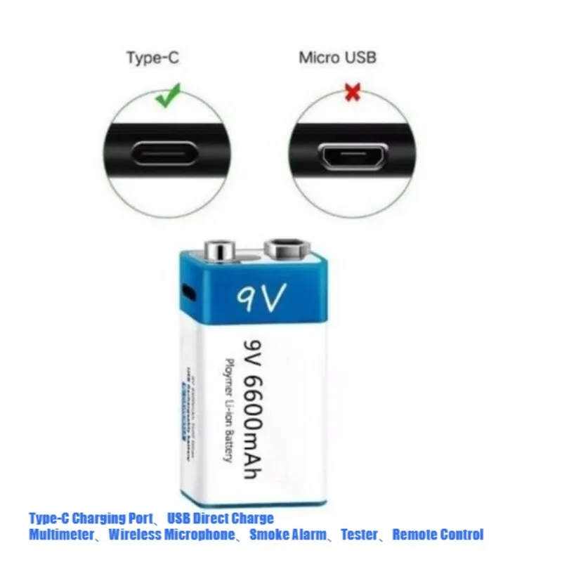 9V 6600mAh Lithium Ion Rechargeable Battery Fast Charging Type-C USB Chargeable Battery FOR Multimeter Microphone Smoke Detector