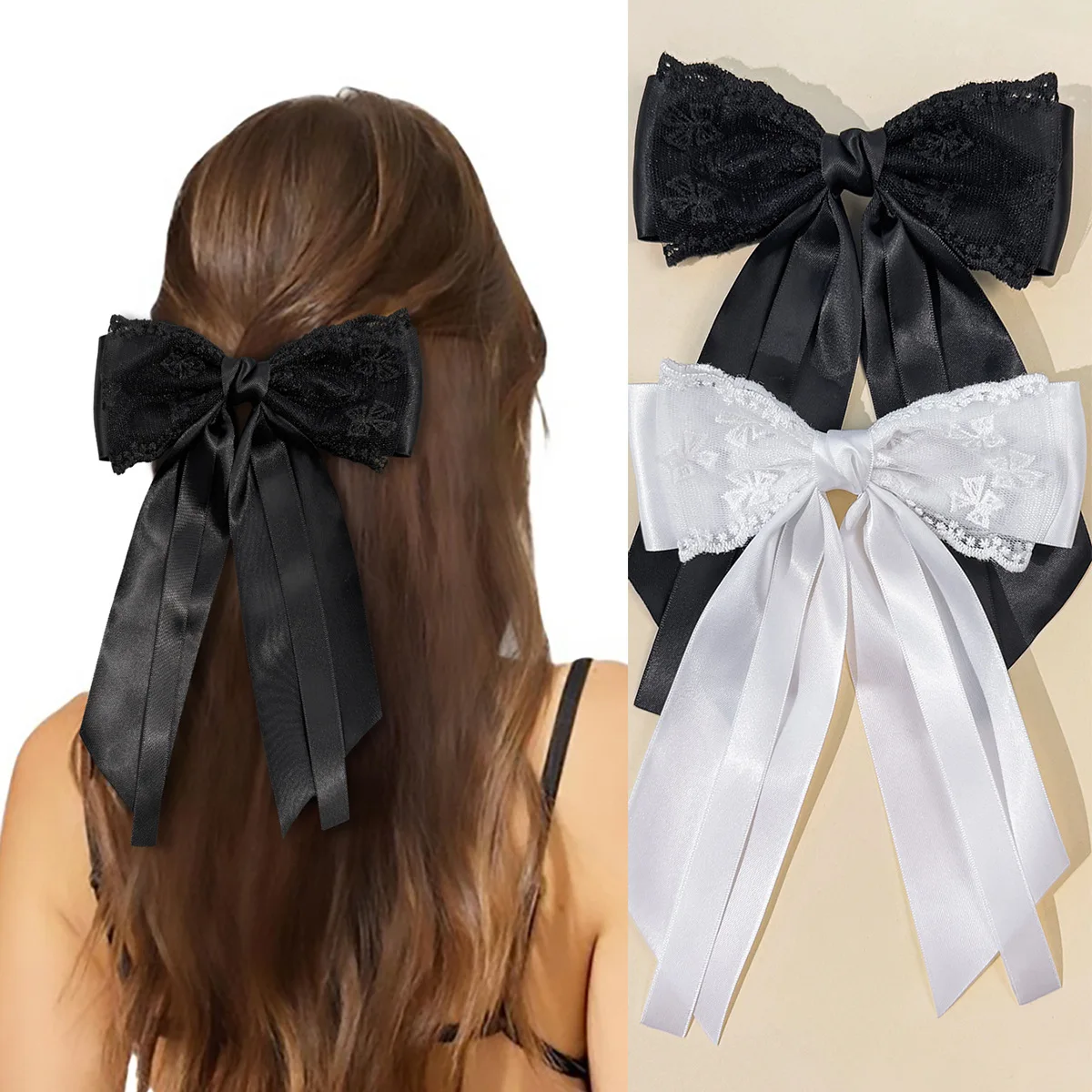 

30 шт., заколки для волос с бантом из атласной ленты, 6 дюймов, кружевные заколки с вышивкой и длинными кисточками, белый, черный цвет, детские головные уборы для маленьких девочек, оптом