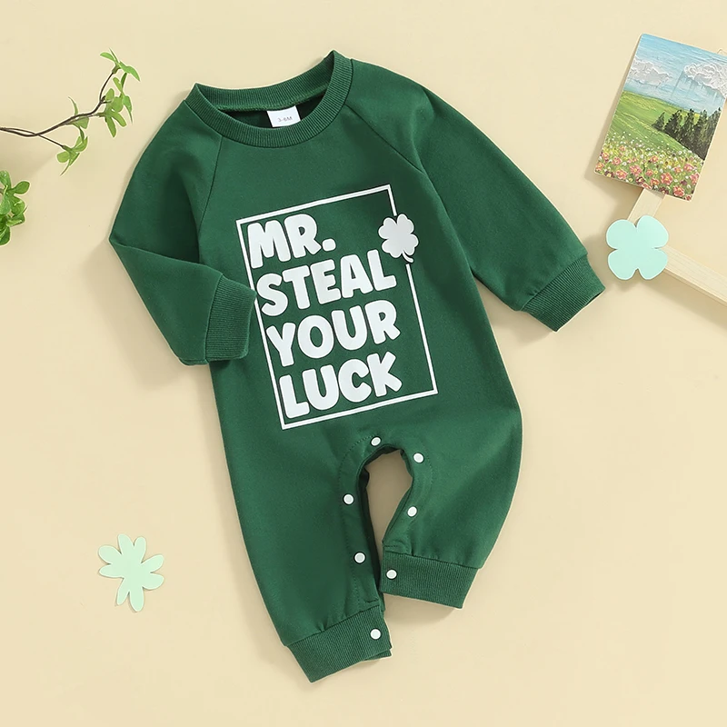 St Patricks Day Outfit Baby Boy Romper Letter Print  Jumpsuit Long Sleeve Bodysuit Infant Gentleman Clothes