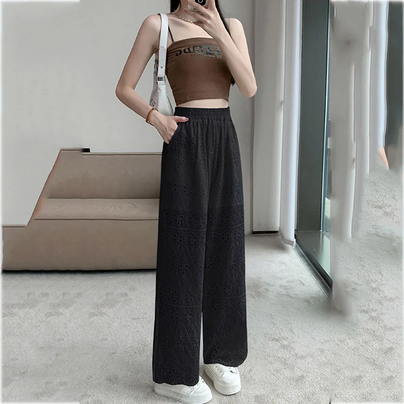 Lace Hollow-Out Casual Loose Wide Leg Trousers Female Large Size Summer High-Waist Slim Pants Korea Fashion Clothes For Women