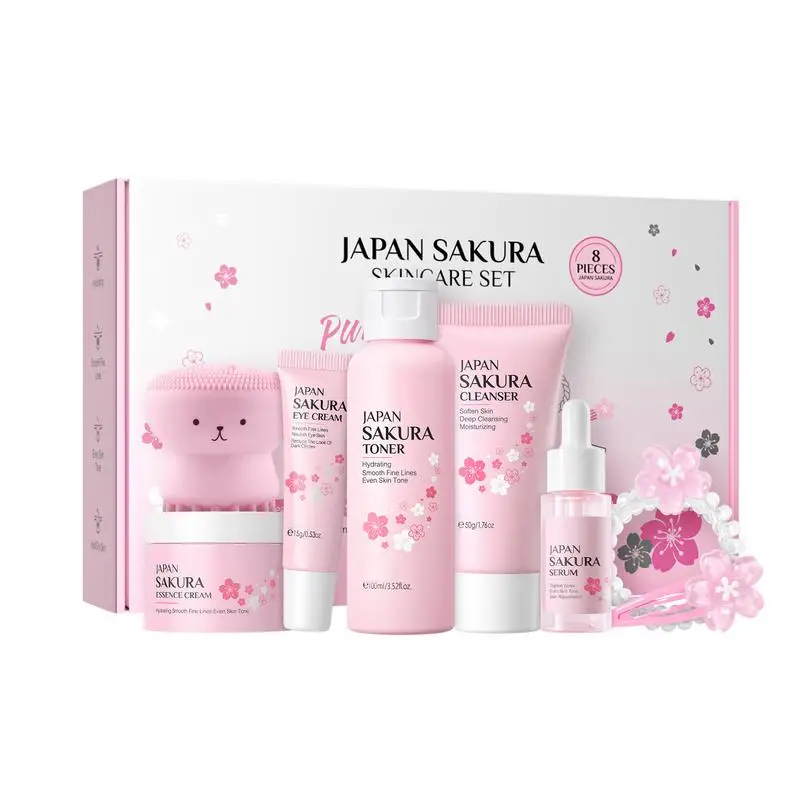 8pcs Sakuras Skincare Set Facial Cleanser Face Cream Toner Eye Cream Sakuras Skincare Moisturizing Firming Hydrating Face Care