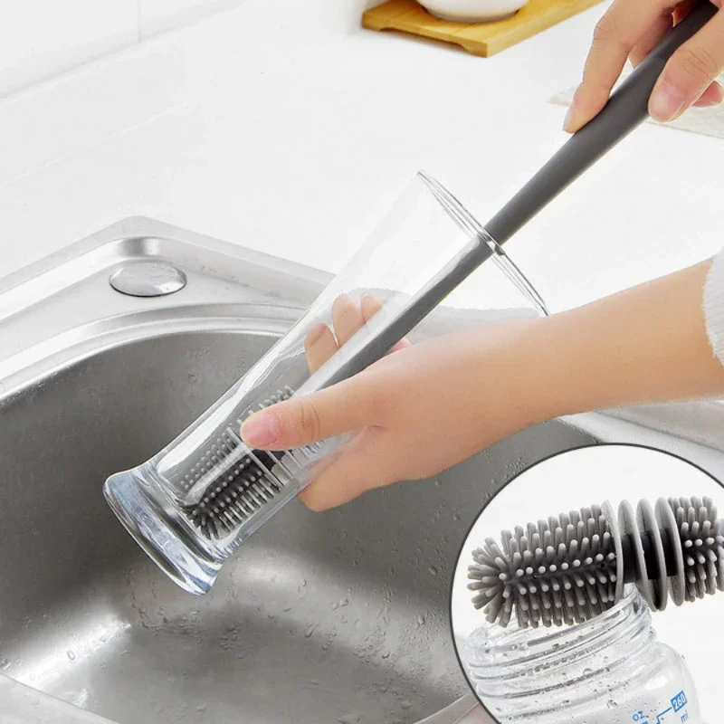 Long Handle Silicone Milk Bottle Glass Bottle Cleaning Brush  Multifunction Cup Mouth Scrubber Household Cleaning Tool