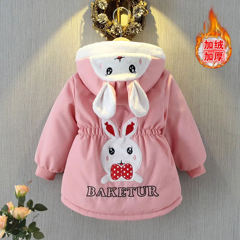 toddler Girls Long Jacket Outwear Children Cotton-padded Jacket Girl Winter cartoon Plush Warm Coat Hooed Snowsuit 2-7Y