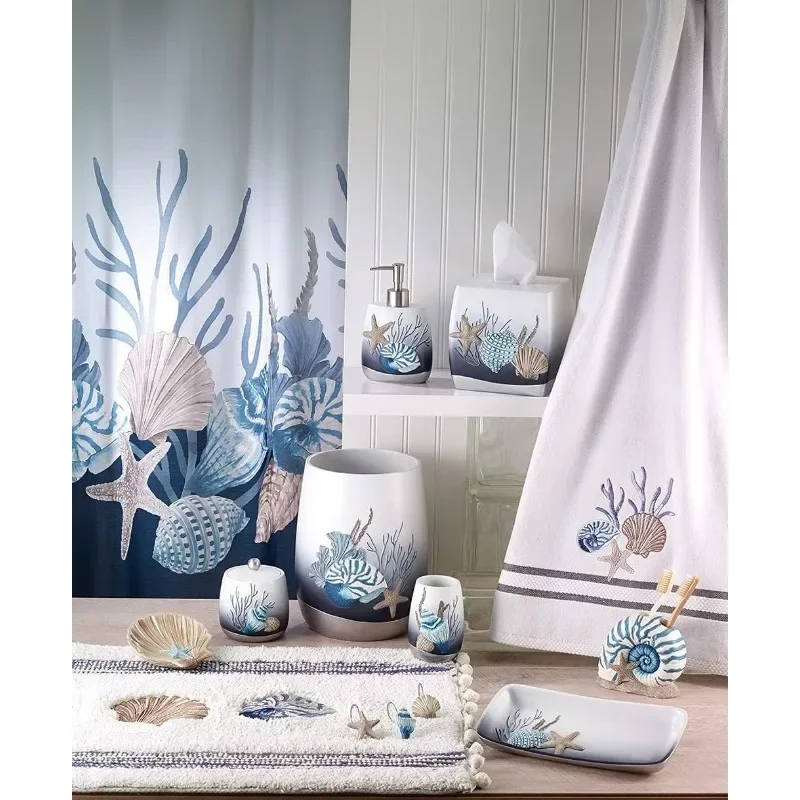 

Fabric shower curtain, sea view style bathroom decoration