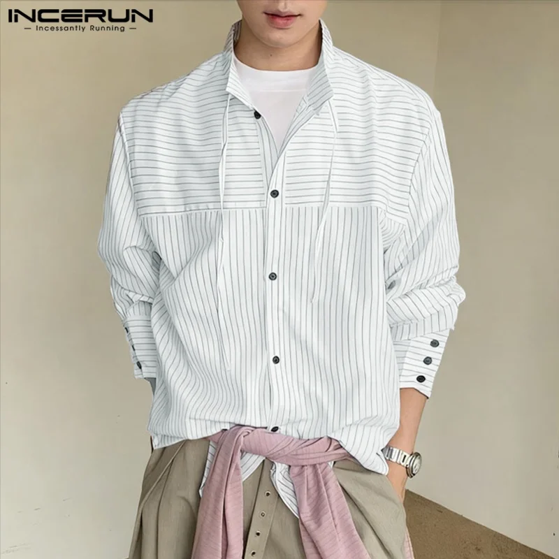 INCERUN الرجال قميص مخطط الوقوف طوق كم طويل فضفاض قمصان الذكور عادية الشارع الشهير ربيع الخريف بلايز موضة الرجال الملابس #4