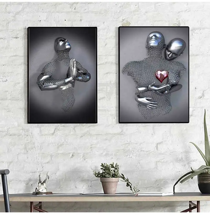 Metal Figure Statue Romantic Wall Art Abstract Canvas Painting Lovers Sculpture Posters Prints Pictures Living Room Home Decor
