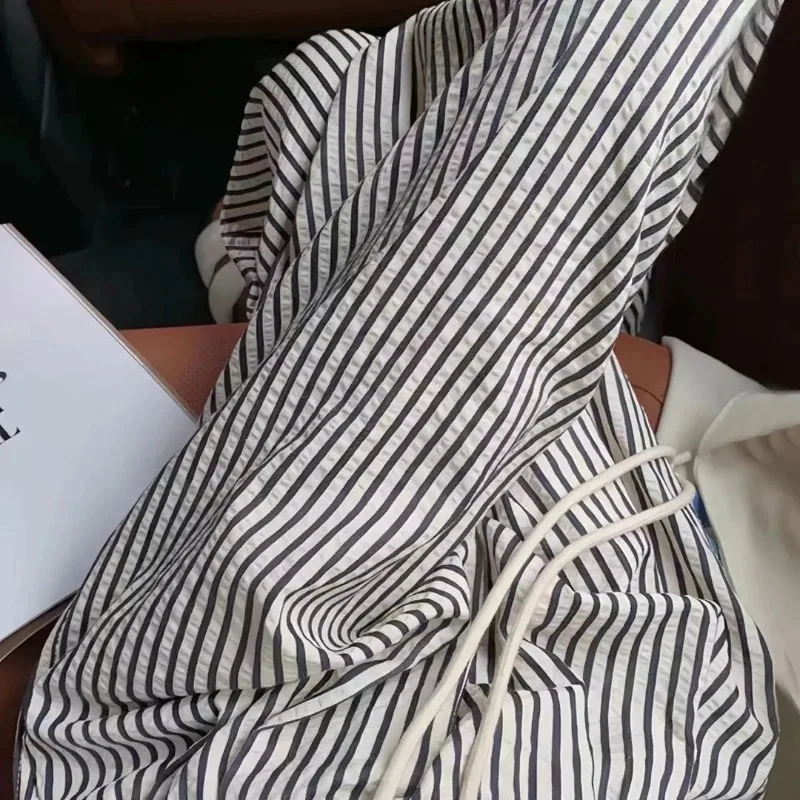 الكورية كسول Sle مخطط ثنى السراويل النسائية الصيف مرونة عالية الخصر رقيقة مستقيم السراويل الطويلة تخفيف Faion #2