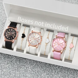 6PCs/Set Women's Watch Set Unique College Style Design Roman Leather Quartz Watch Bracelet Set