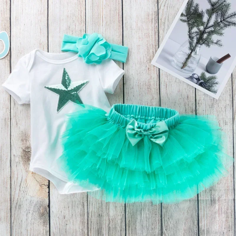 Newborn Clothes Set Romper + Skirts Heart Bow One Year Baby Girl Birthday Dress First 1st Baby Party Dress Infant Party Clothing