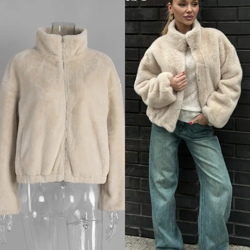 

2025 Autumn Winter Women Faux Fur Jacket Thick Warm Stand Collar Plush Zipper Coat Casual Short Outerwear Streetwear Trendy New