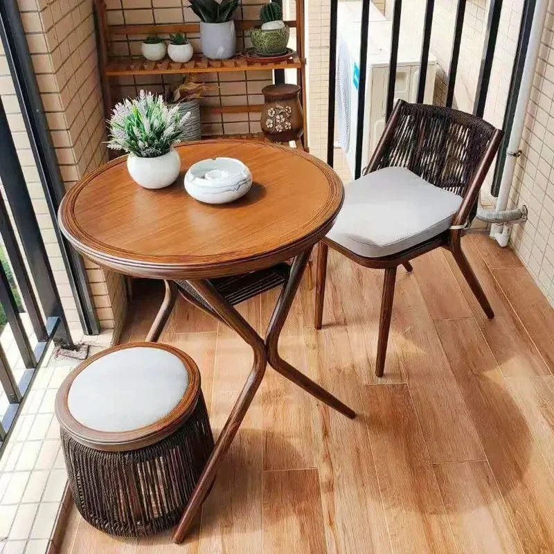 Balcony Table And Chair Rattan Walnut Simple Retro Leisure Bar Combination Outdoor Storage Tea Table Rattan Stool PS30FS