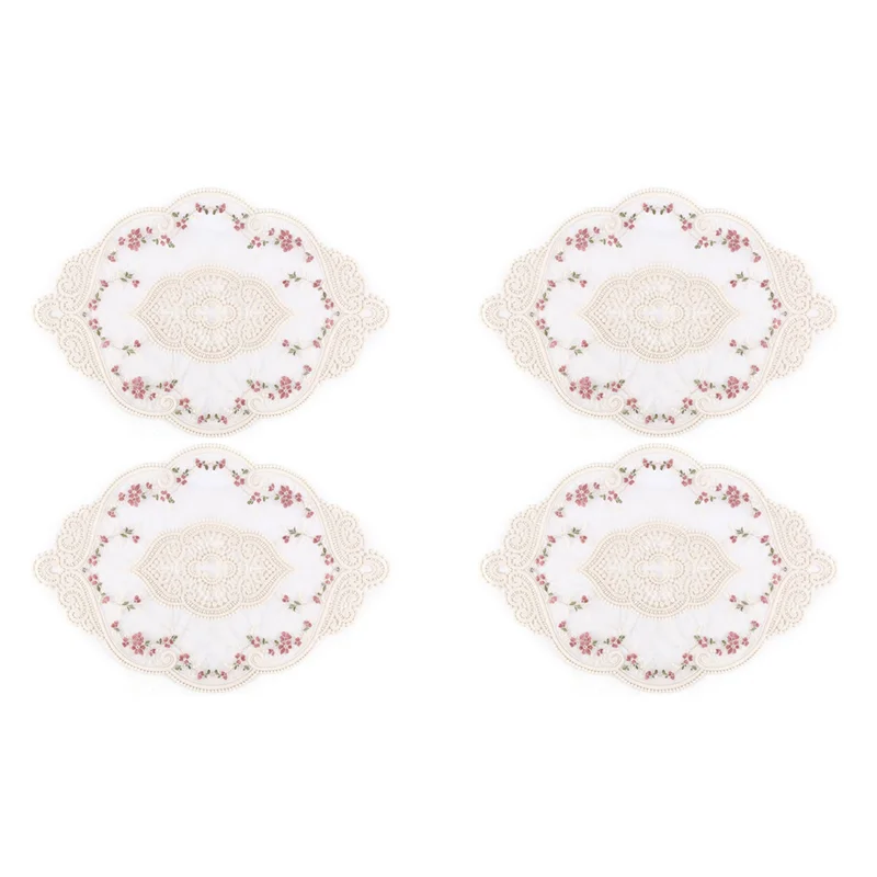 ABKS-4Pcs Vintage Oval Lace Table Placemats Exquisite Flower Embroidered Doilies Vase Mat 12.2 X 16.9 Inch