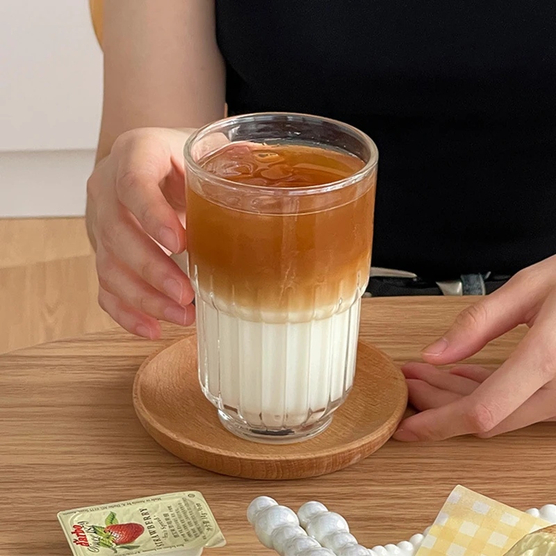 

12oz 350ml French Retro Style Transparent Cold Extraction Coffee Cup Striped Glass Restaurant Cafe Bar Lemon Soda Green Tea Mugs