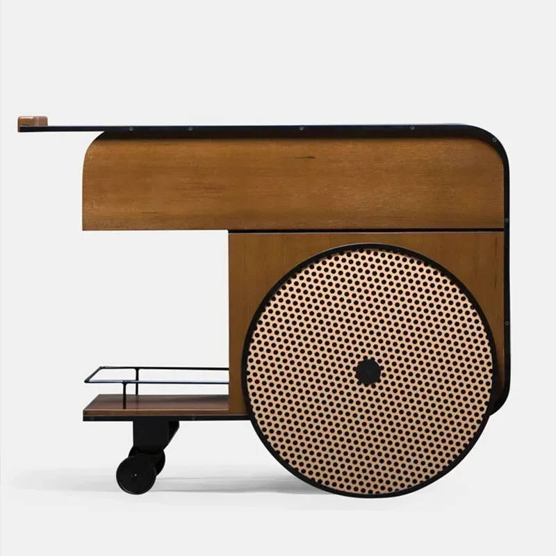Nordic solid wood dining car high-end villa wine walnut color wrought iron black modern cart silent moving side few