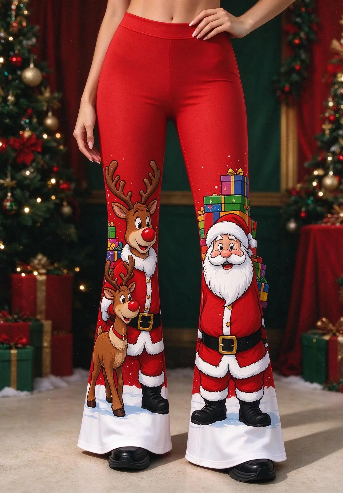 Women Mid Rise Skinny Flare Pants Christmas Santa Reindeer Gift Box Print Red Stretch Bell Bottom Trousers