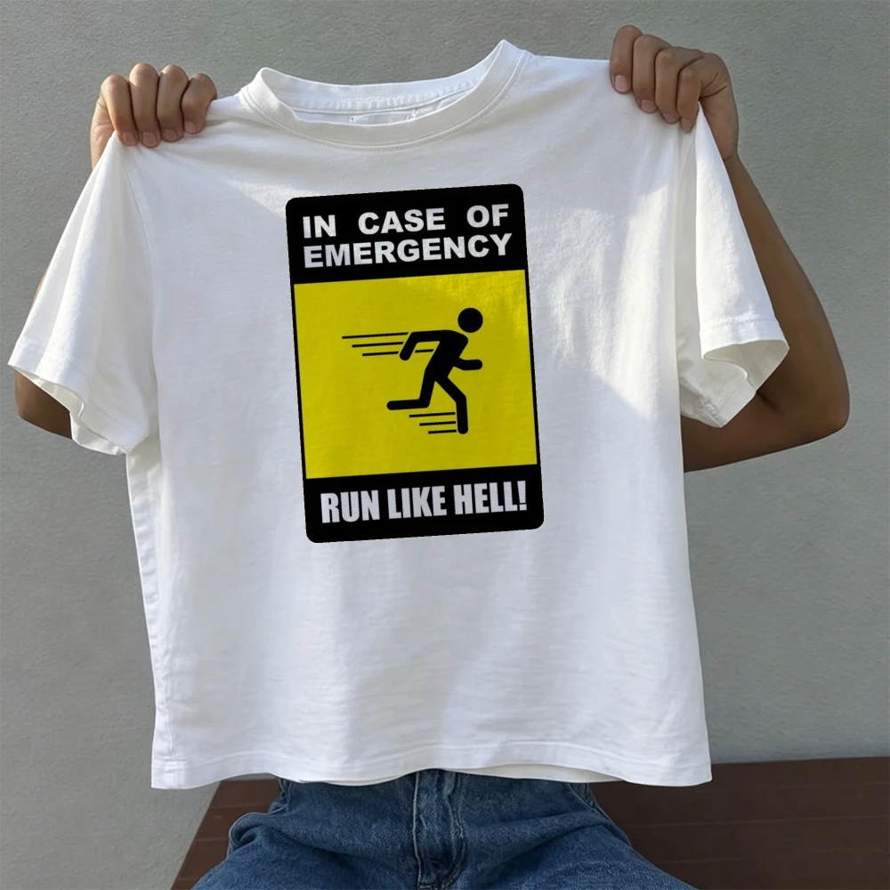 Emergency Run Like Hell Warning Sign Graphic T Shirt Men Parody Danger Humor Tee Casual Summer Outdoor Trip Clothing