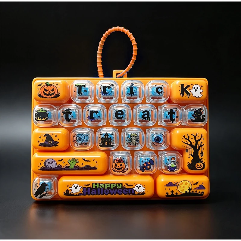 Halloween Keyboard Clicker Keychain 26 Keys Cute Cartoon Stress Relief with Click Sound Backpack Pendant Party Favor for Adults