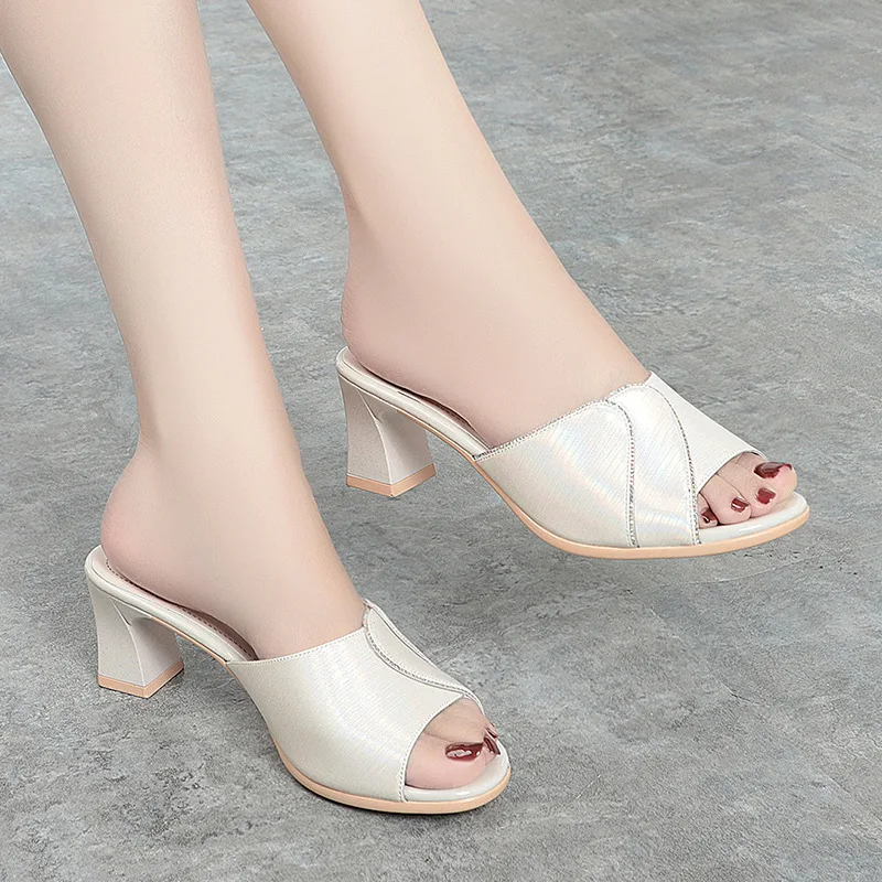 Shoes For Women Slippers 2024 Summer Woman Pumps Casual High Heels Solid Color Ladies Slipper Round Toe Slides Outside Slippers