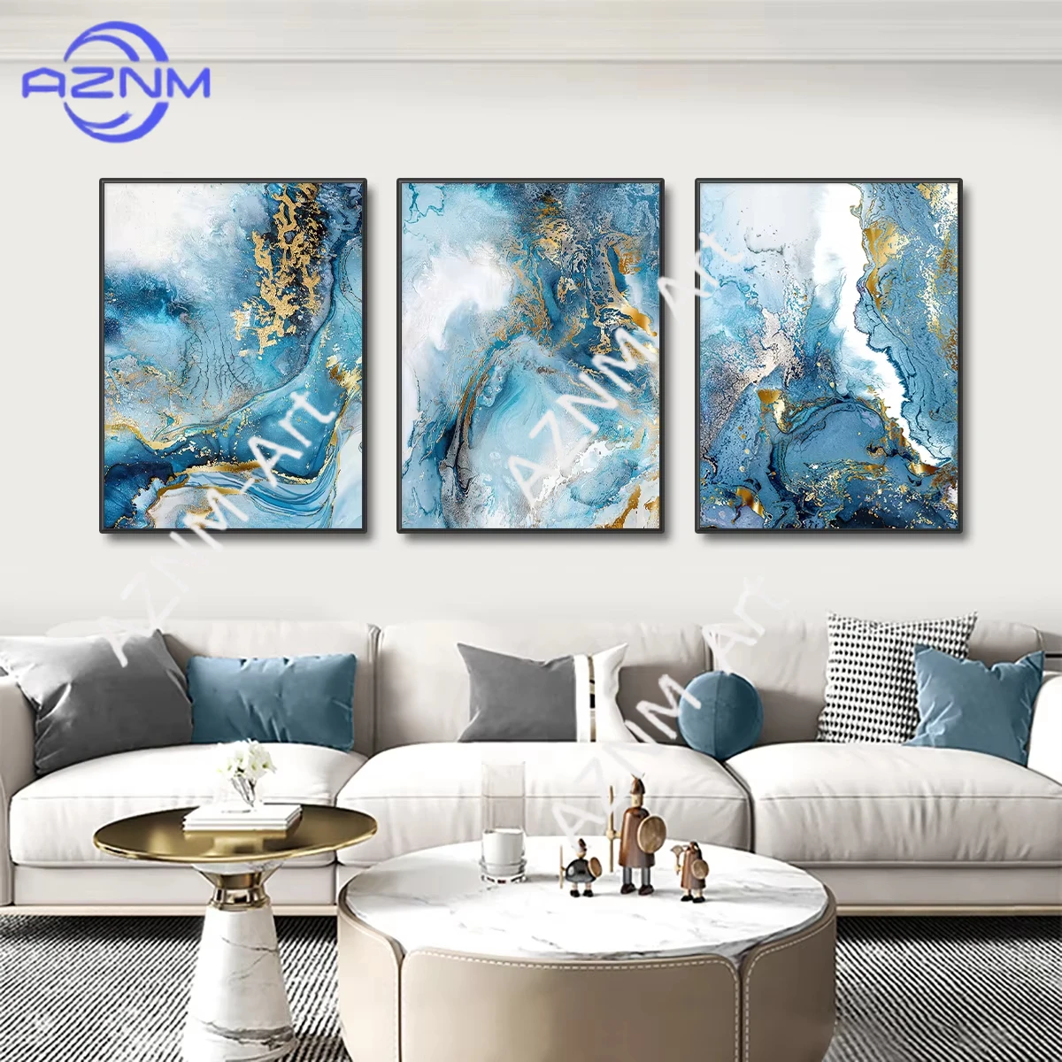 1/3pcs Gold Foil Blue Marble Texture Luxury Poster Prints Pictures Teal Wall Art Canvas Painting for Modern Home Decor