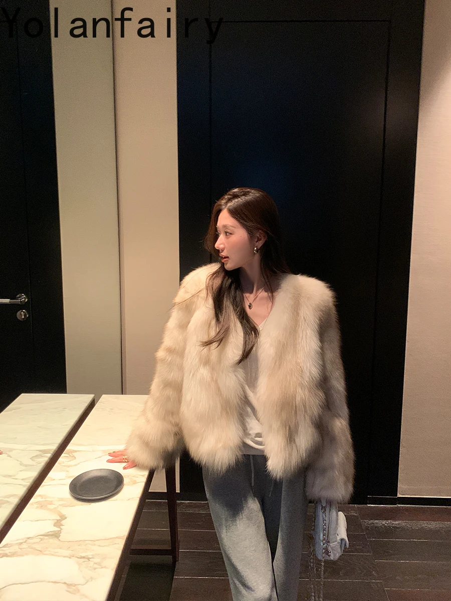 YOLANFAIRY 100% معطف فرو الثعلب الأصلي ملابس نسائية 2025 شتاء قصير أنيق معاطف الفرو الحقيقي للمرأة سترة من الفرو ملابس خارجية