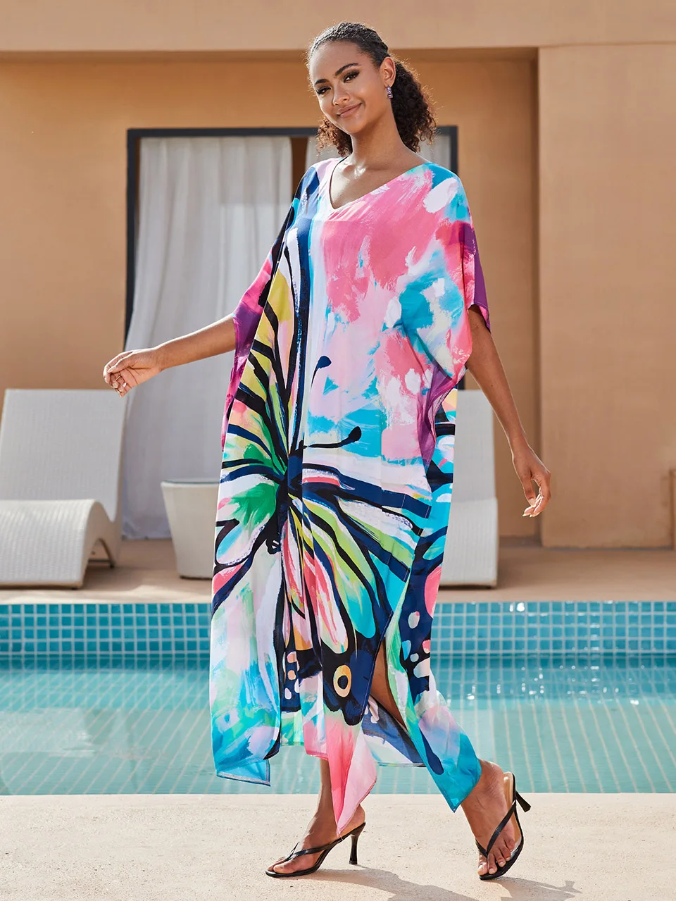 Fashion Butterfly Print Long Dresses Kaftan Women Swimwear Cover Up Beach Outfits 2023 Summer Vacation Maxi Dress Loose Robe