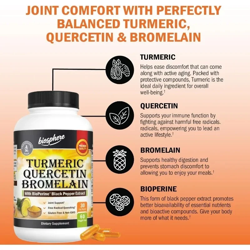 

Добавки с куркумой, коверцетином и бромеляном, содержащие черным перцем BioPerine — поддержка иммунитета здоровья