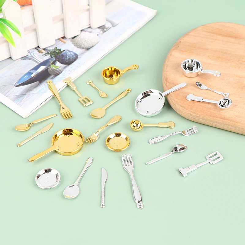 11Pcs/set Dollhouse Miniature Spoon Fork Pot Model Mini Cookware Utensils Dolls Kitchen Decor Accessories Toy Gift For Children