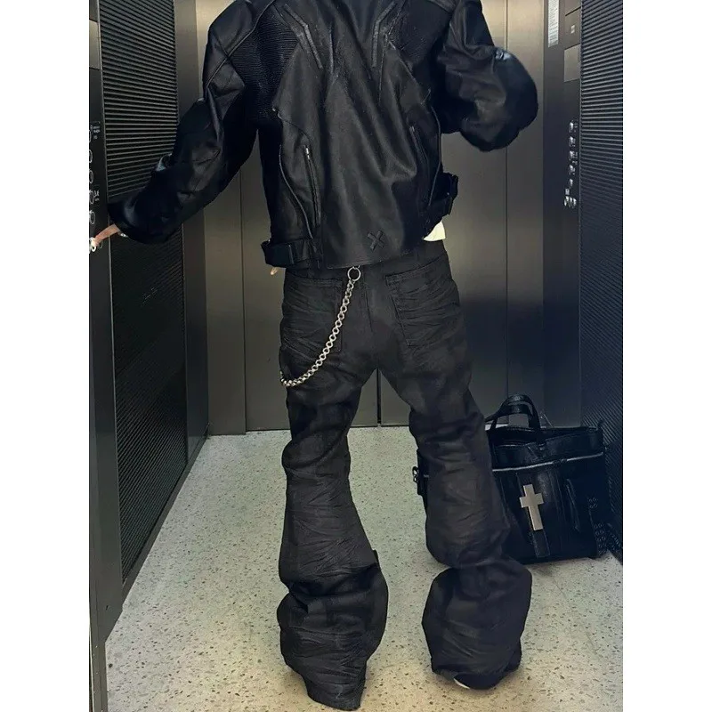 الأمريكية شارع العليا Sle الرجال تلاشى Bla الشمع معطف الجينز متوهج الساقين مستقيم قطع السراويل الطويلة الخريف الشتاء التخسيس بنطلون #3