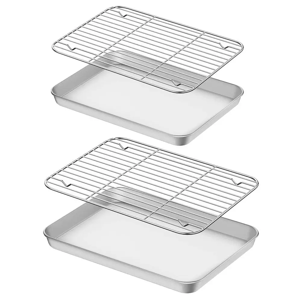 

2Sets Baking Tray Cooling Rack Set Stainless Steel Baking Sheet Mirror Finish Oven Pan Bread Cookie Meat Cooking Rack