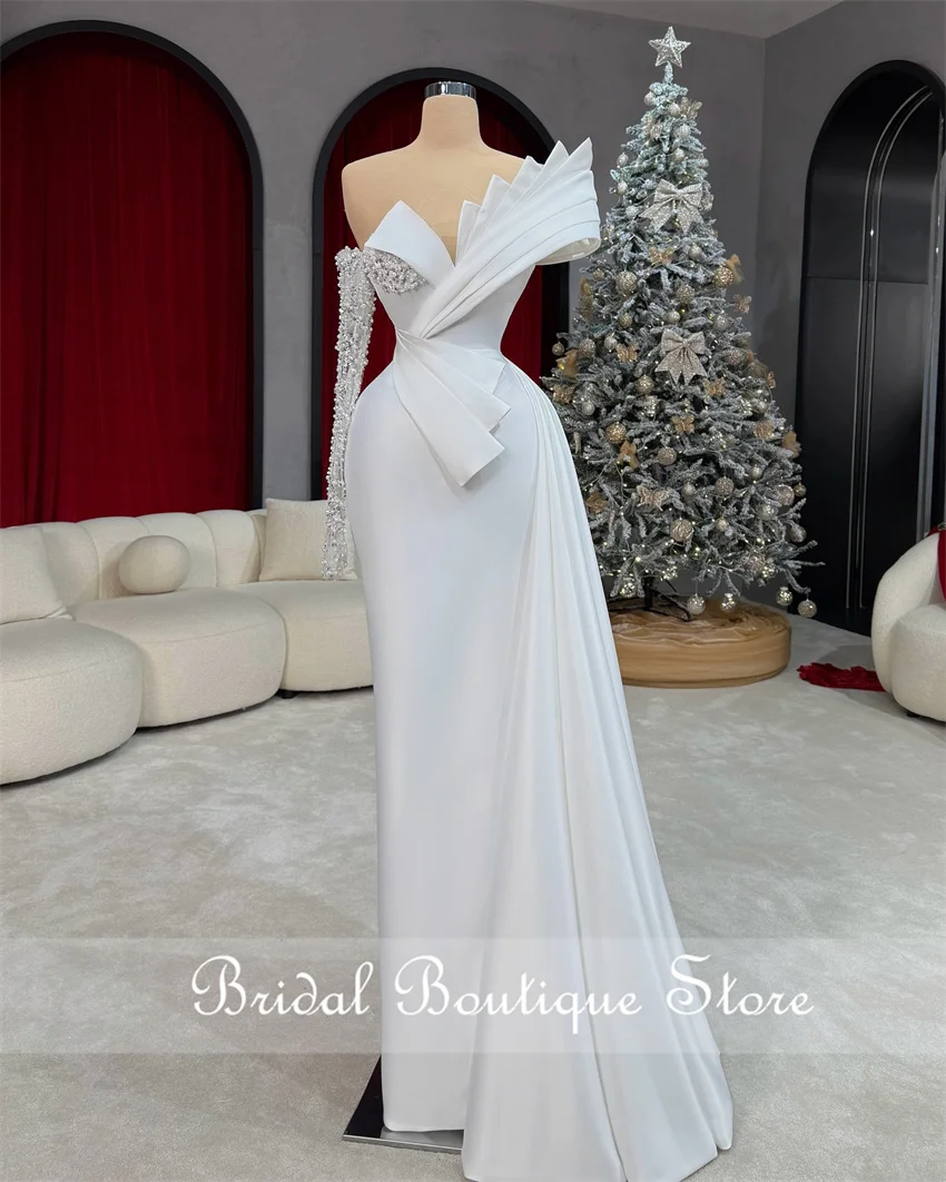 

New Arrival 2025 Mermaid Wedding Gowns One Sleeve Beading Pearls Crystals Luxury Robe De Mariee Customized