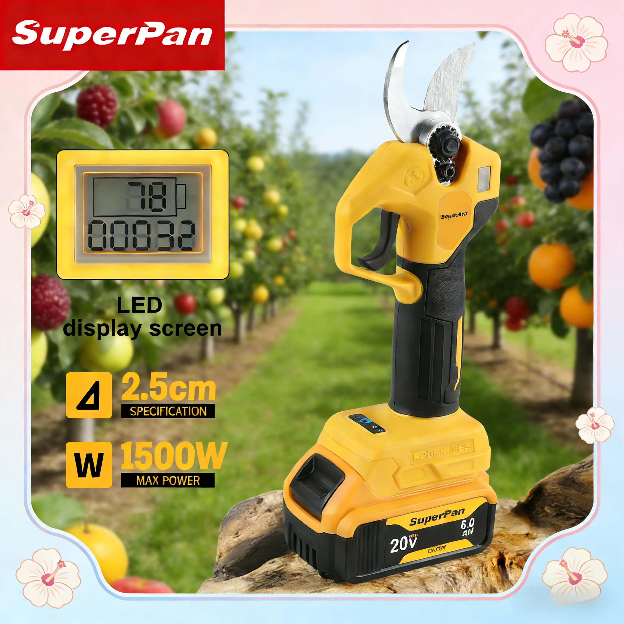 

Электрические секаторы SuperPan с лезвиями SK5 и противоскользящей рукояткой для обрезки сада, совместимые с аккумулятором DeWalt 20V.