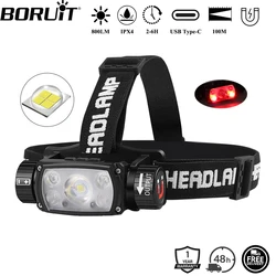 BORUiT XHP50 LED Motion Sensor Headlamp 800LM Type-C Rechargeable Power Bank Headlight with Magnet Camping Fishing Lantern