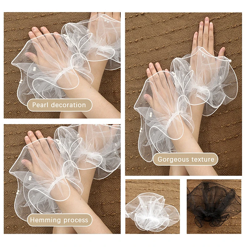 &1Pair Nail Art Tulle Fake Pleated Cuff Photo Backgrounds For Nail Photography Nail Tips Display Embellish Pearls Tulle Sleeve