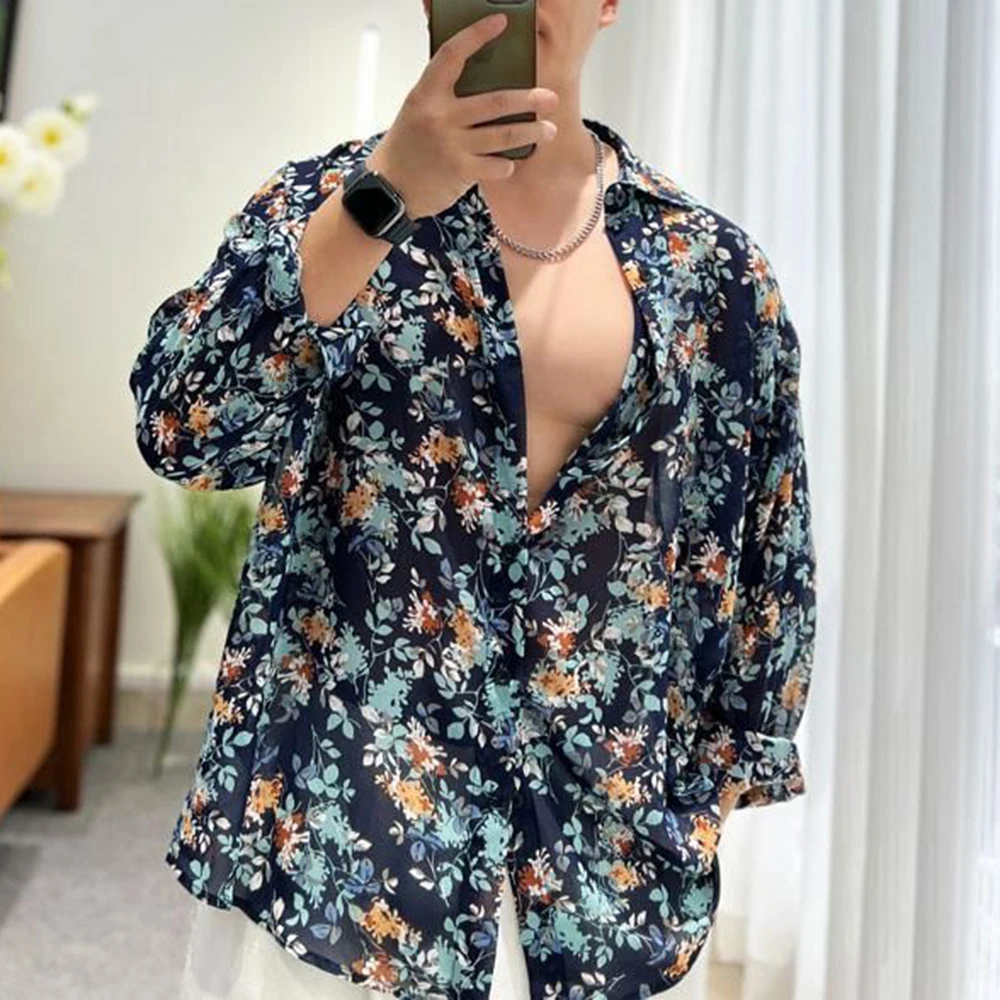 

Fashion Floral Shirt 2023 Summer New Thin See Through Shirts Outerwear Luxury Mens Clothing LGBT Casual Blouse Trendy Streetwear