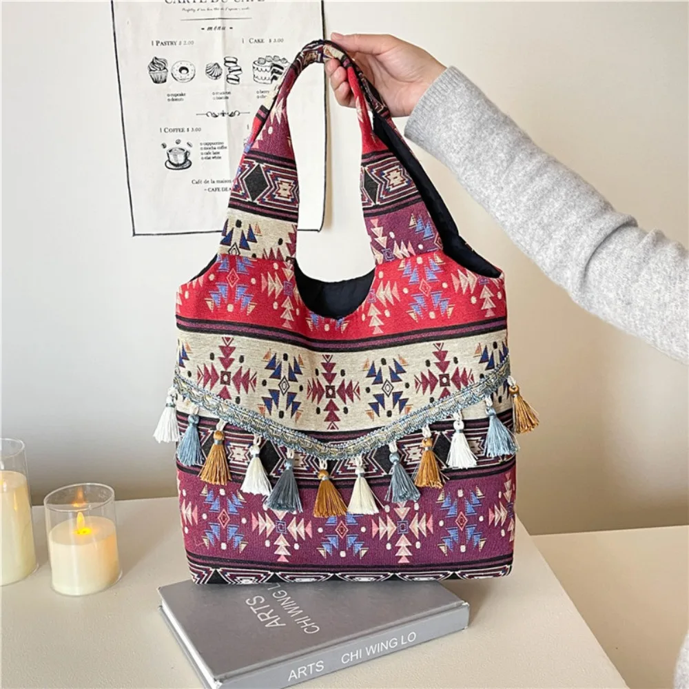 

Vintage Cloth Ethnic Style Vest Bag Retro Geometric Tassel Shoulder Bag Large Capacity Handbag Bohemian Messenger Bag Outdoor