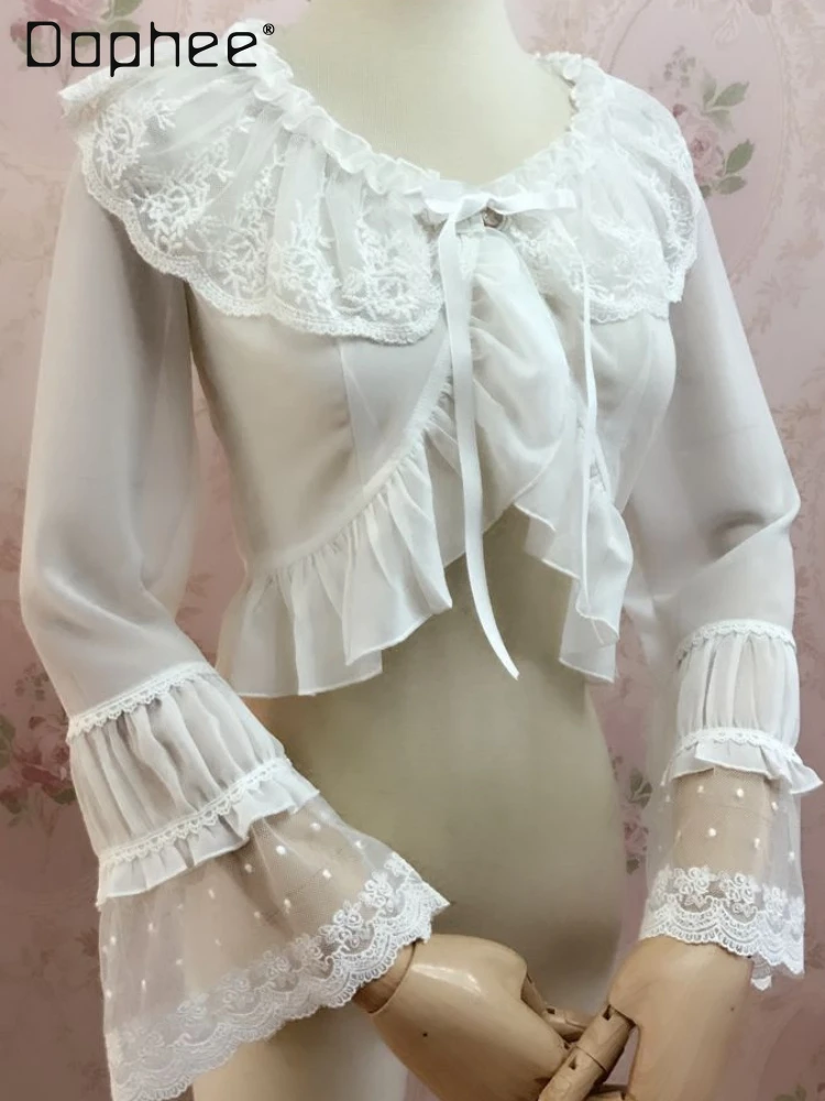 

Spring New Fasion Women Lolita Syle Chiffon Lace Ruffle Round Neck Long Sleeve Single Button Cardigan Sweet Cute Ladies Blouse