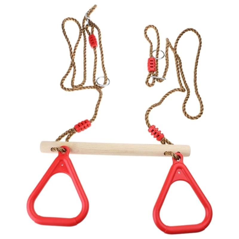 KX4B Kids Adult Indoor Outdoor Wooden Trapeze Swing Bar with Plastic Rings for Children Sport Birthday Gift
