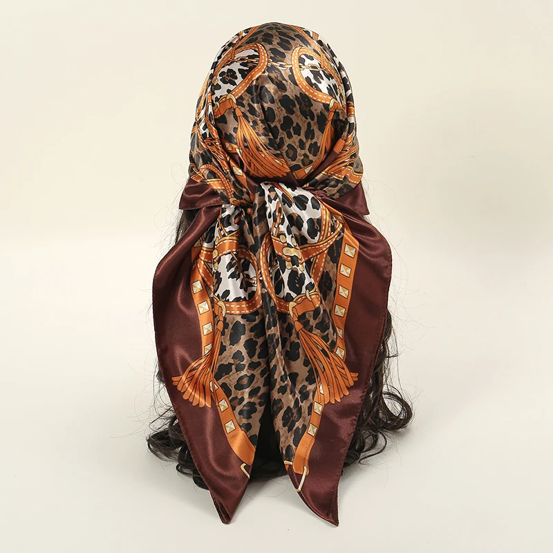 Leopard Printed Silk Square Scarf Newest Hijab Women Soft Satin Kerchief Hairband Bandana Lady Headband Foulard Bag Ribbon