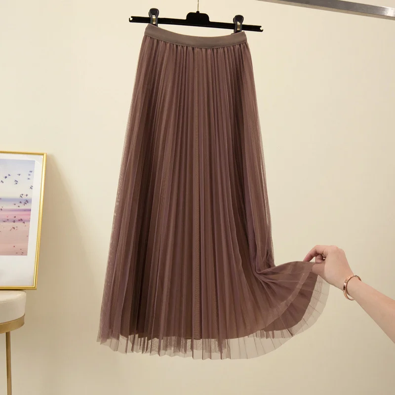 Women's Spring Autumn New Fairy Mesh Midi Skirt High Waist A-line Pleated Black Tulle Skirt For Daily Wear