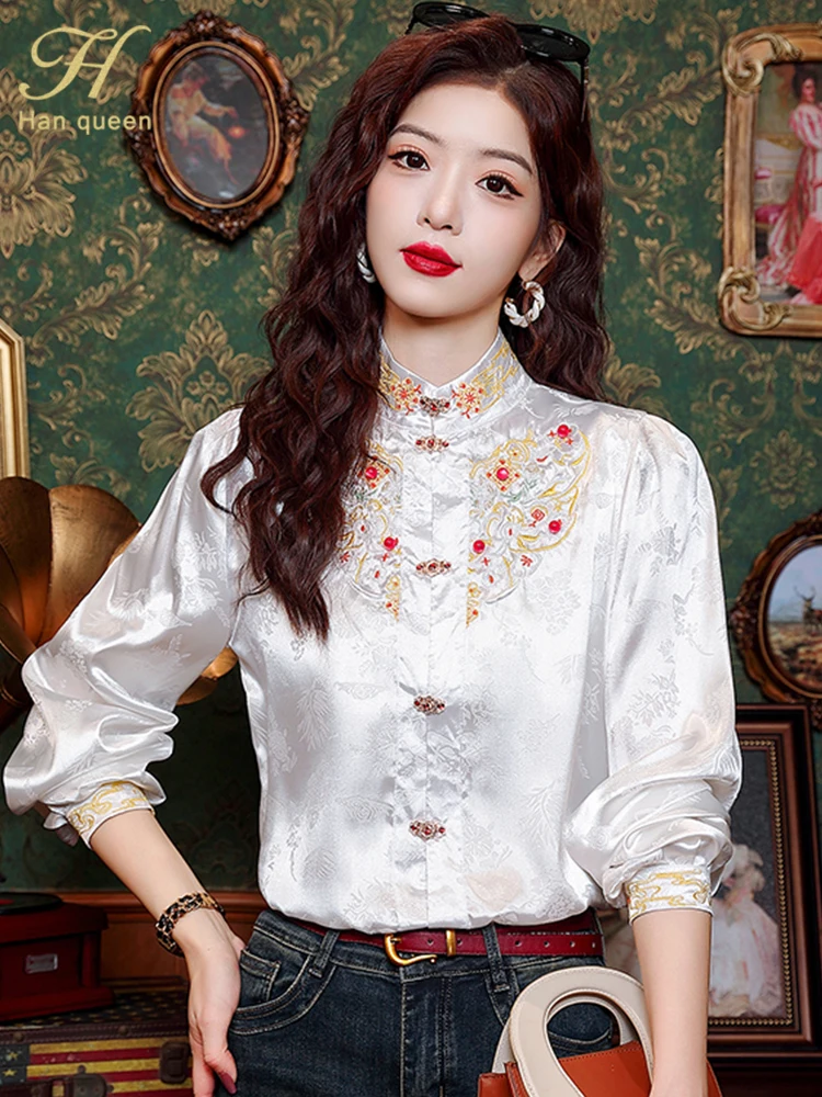 H Han Queen 2024 Spring Shirts And Blouses Vintage Women Clothes Embroidery Chiffon Elegant Blouse Loose Casual Long Sleeve Tops