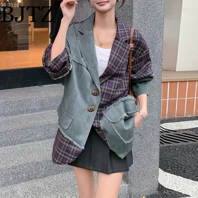 

BJTZ French Plaid Patchwork Suit For Women Spring Autumn 2025 Niche Designer Contrast Color Loose Long Sleeve Female Jacket