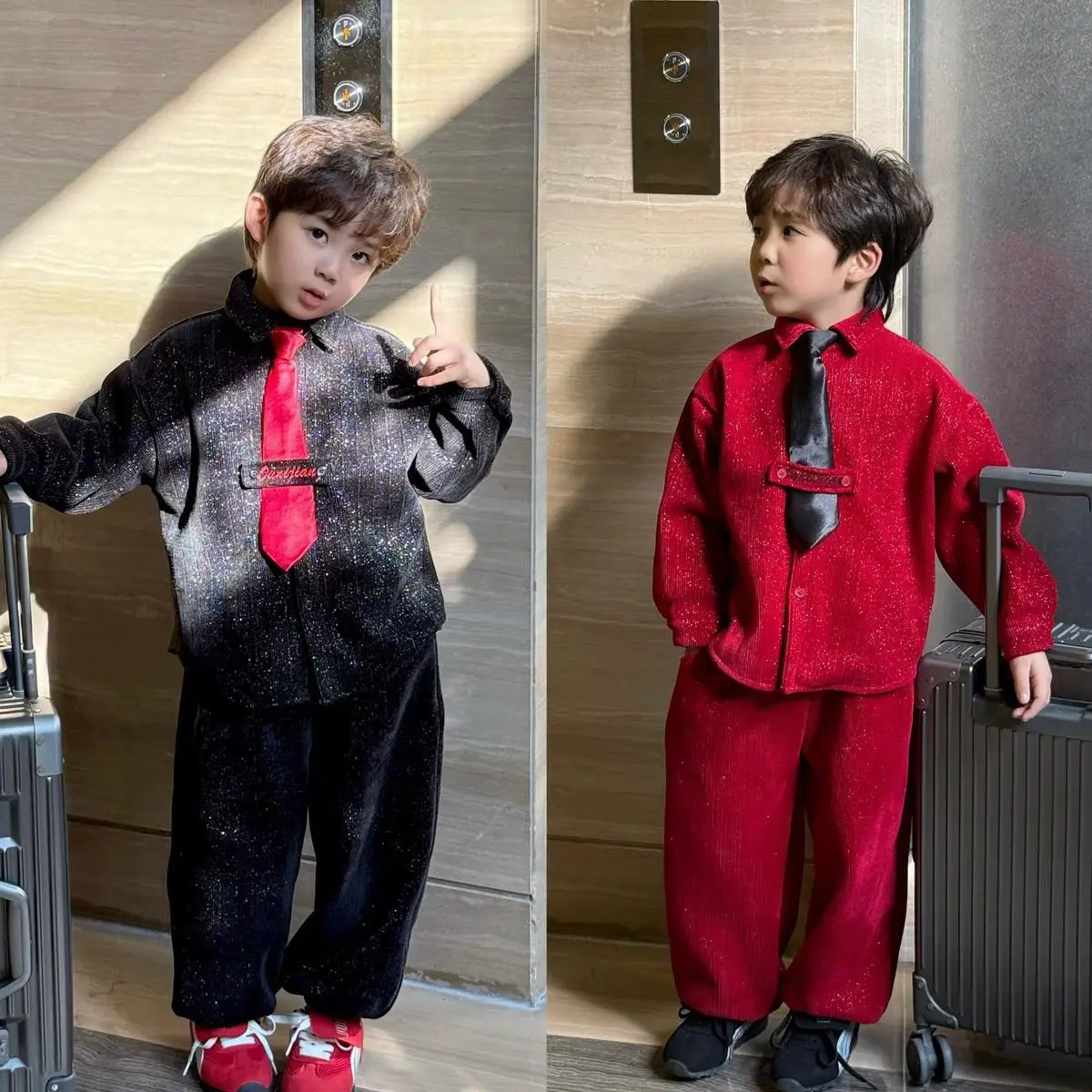 Children Elegance Top Clothing Winter Boys Clothes Set Fashion Gray Corduroy Plus Velvet Coat Shirts Tie+Pants 2Pcs Handsome Kid