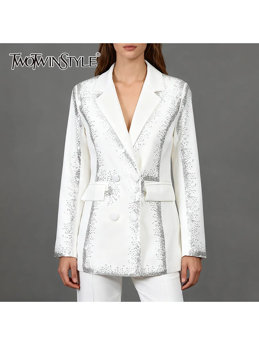 

TWOTWINSTYLE однотонные модные блейзеры с блестками для женщин, лоскутный двубортный пиджак с лацканами и длинными рукавами, женская одежда