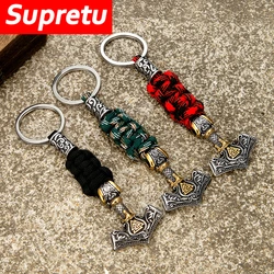 Punk Thor's Hammer Survival Keychain Men Stainless Steel Handmade Paracord Rope Keyring Amulet Norse Runes Car Pendant Jewelry